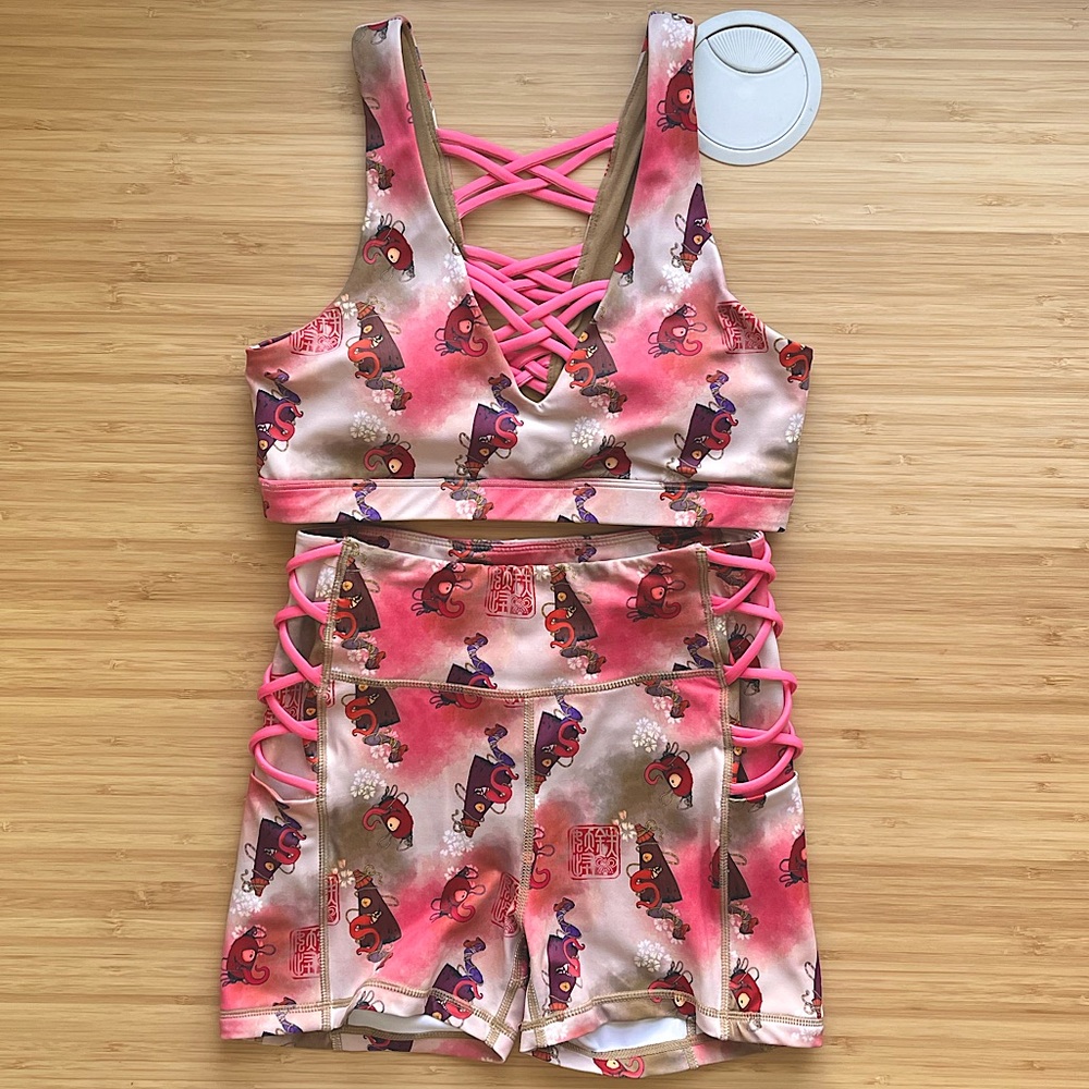Iron Yokai Chochin & Kasa Obake Crisscross Sports Bra & Shorts Activewear Set